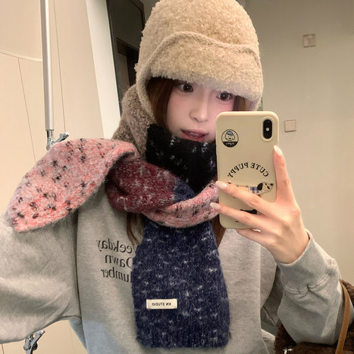 含羊毛复古拼色针织围巾女款