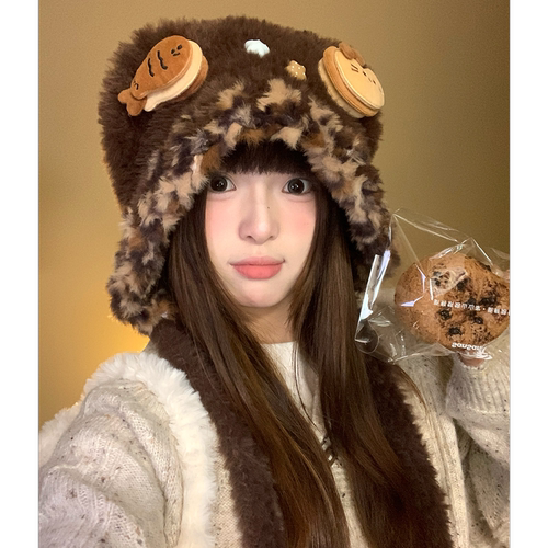 可爱小鱼猫咪毛绒雷锋帽女冬季