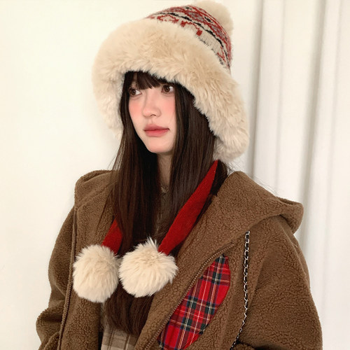 复古女秋冬季毛绒加厚针织帽保暖