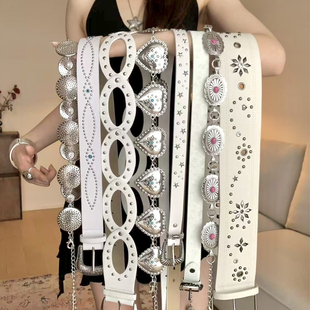 带装 复古民族风铆钉腰带女设计感小众百搭皮带配裙子牛仔裤 饰白色