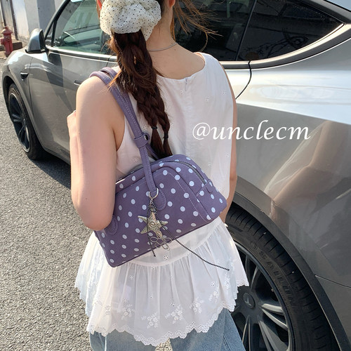 韩系小众紫色波点手提包女