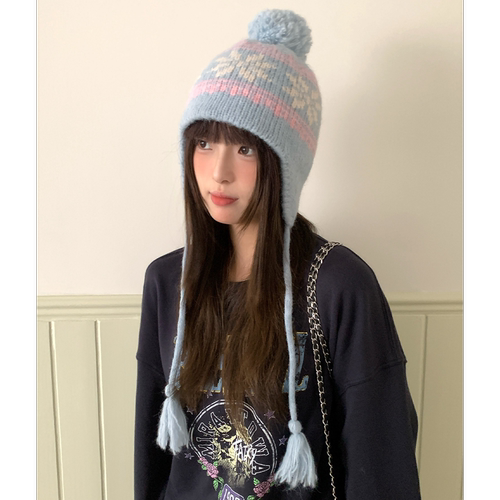 复古费尔岛风提花毛球针织帽子女