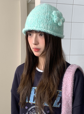 韩系手工钩织立体花朵毛线帽子女