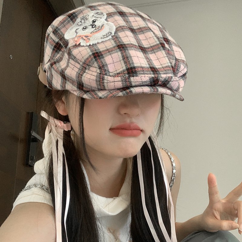 秋短檐格纹小狗前进帽子