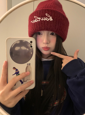韩版字母灰色针织帽子女冬季