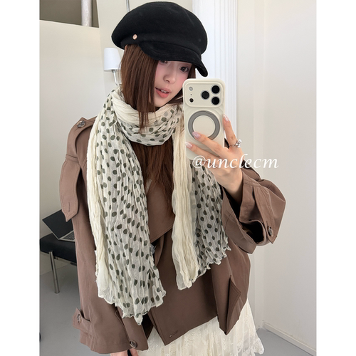 韩系复古波点拼接褶皱薄款丝巾女