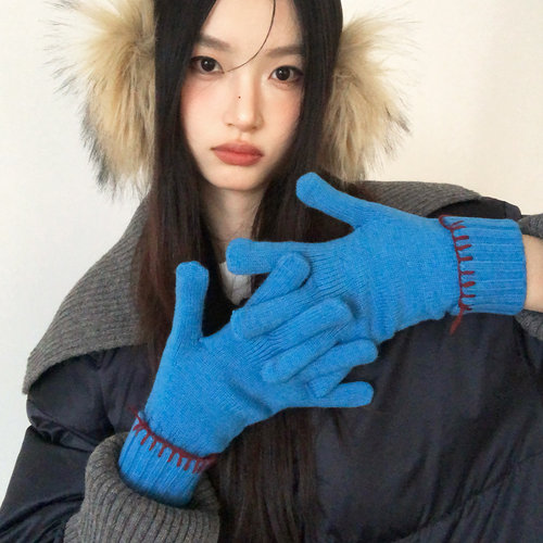 含羊毛可触屏保暖分指手套女