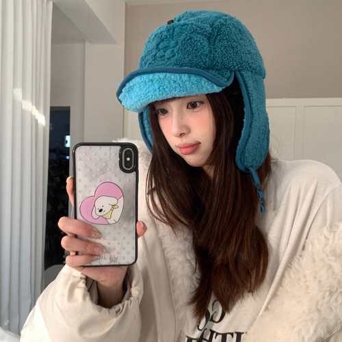 韩系花朵刺绣羊羔绒雷锋帽子女冬