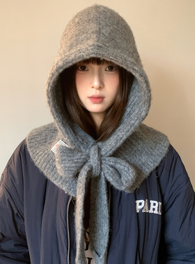 含羊毛灰色针织巴拉克拉法帽女秋冬季保暖毛线帽大头围护耳帽子潮