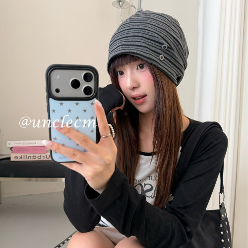 2026秋季条纹纽扣堆堆帽子女