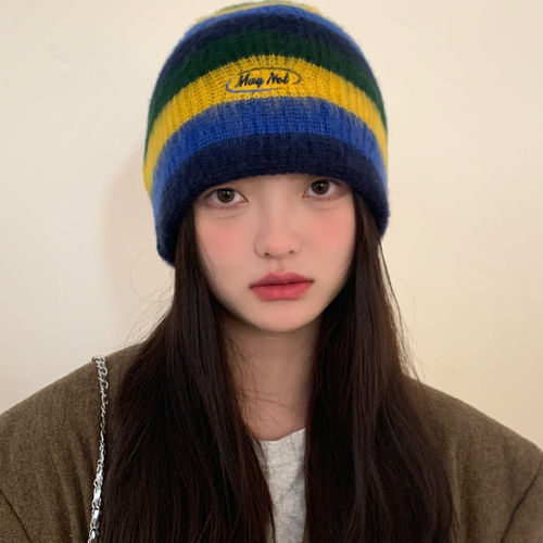 韩版撞色条纹毛线帽子女款冬季