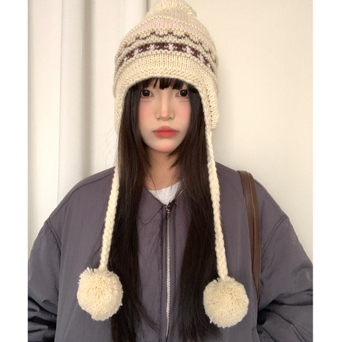 秋冬季费尔岛风可爱毛球毛线帽女