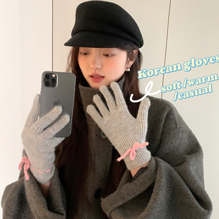 可爱蝴蝶结线条韩版纯色五指手套女生冬分指防寒保暖骑行漏指触屏