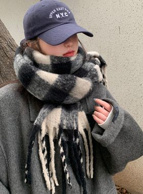 黑白色格子围巾女士2025新款韩版高级感百搭保暖加厚围脖披肩护颈