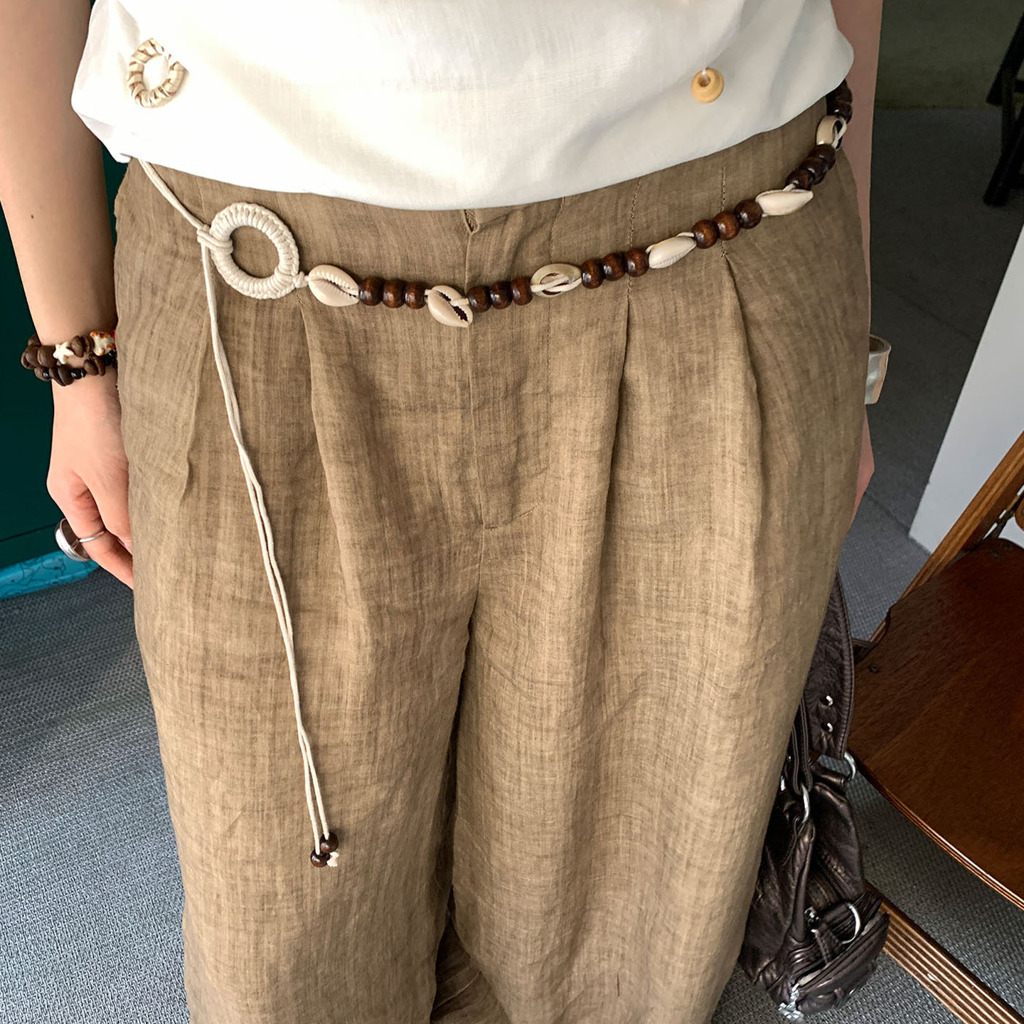 民族风编织贝壳串珠细腰带女