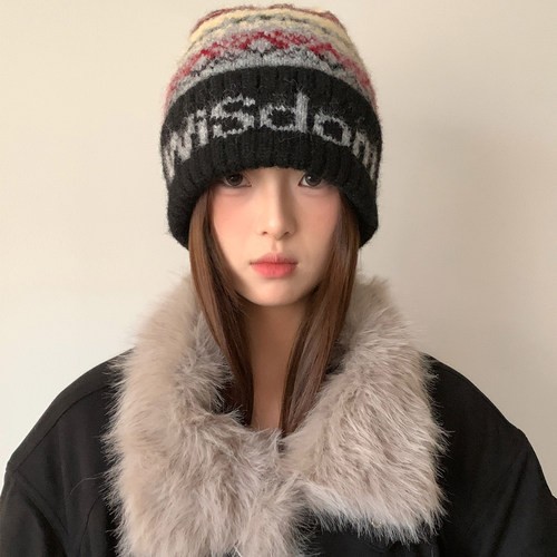 费尔岛字母提花针织帽子女冬