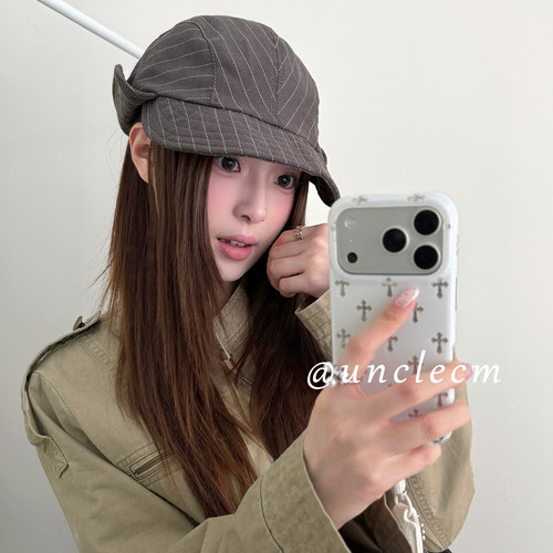 文艺风复古条纹翻檐马术帽子女