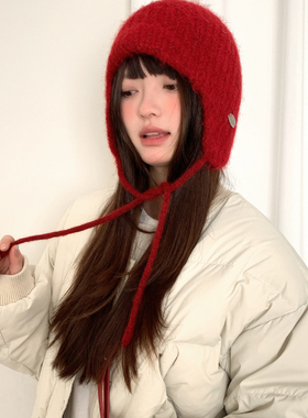 圣诞新年红色针织护耳帽子女款秋冬季显脸小包头飞行帽可爱雷锋帽
