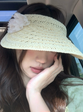 手工编织镂空花朵空顶草帽女