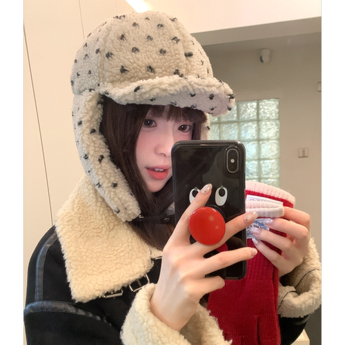 韩系羊羔绒波点护耳雷锋帽子女冬