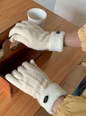 新年圣诞毛绒可触屏红色针织手套女含羊毛秋冬季保暖防寒分指骑行