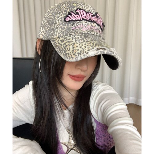 美式辣妹风字母刺绣豹纹鸭舌帽女