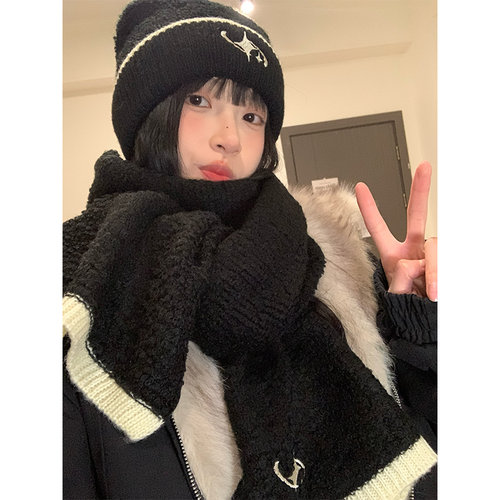 韩系白色针织帽子围巾女秋冬新款