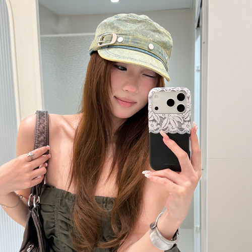 美式复古做旧水洗牛仔平顶鸭舌帽