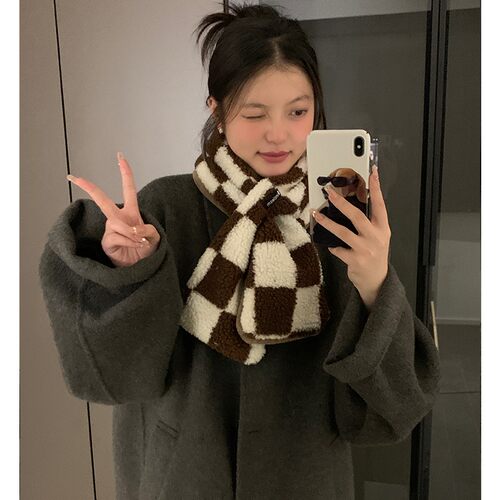 双面毛绒棋盘格保暖小围巾女冬季