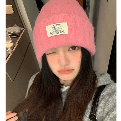 韩版纯色冬季加厚毛线帽显脸小