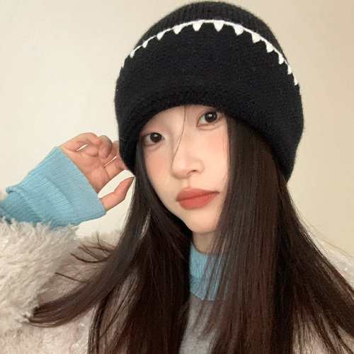 韩系氛围感秋冬撞色条纹毛线帽