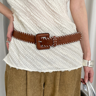 复古美拉德棕色腰带女小众设计感锁边腰封配裙子牛仔裤 带百搭皮带