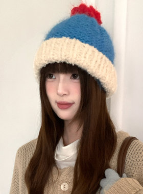日系可爱撞色毛球针织帽子女冬季