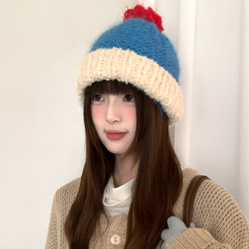 日系可爱撞色毛球针织帽子女冬季