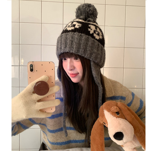 复古费尔岛风拼色提花针织帽子女