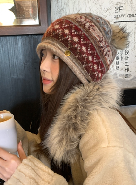 含羊毛复古费尔岛毛球提花毛线帽子女款冬季大头围保暖堆堆帽冷帽