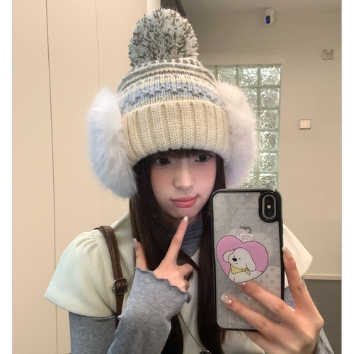 费尔岛条纹毛绒护耳针织帽子女冬