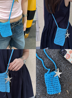 韩版手工钩织镂空单肩斜挎包女2025年夏季新款针织手机包流行小包