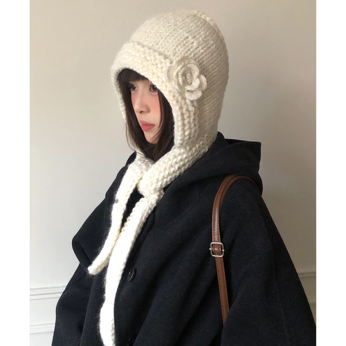 韩系花朵针织巴拉克拉法帽女冬