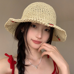 韩版休闲草编渔夫帽女出游海边沙滩度假帽子甜美百搭遮阳透气草帽