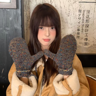 含羊毛复古氛围感彩点针织手套女冬季保暖骑行挂脖连指手套防寒潮