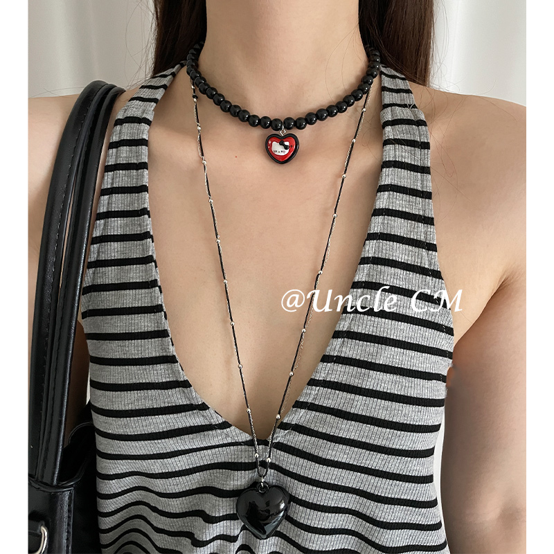 复古黑色串珠爱心小猫项链女