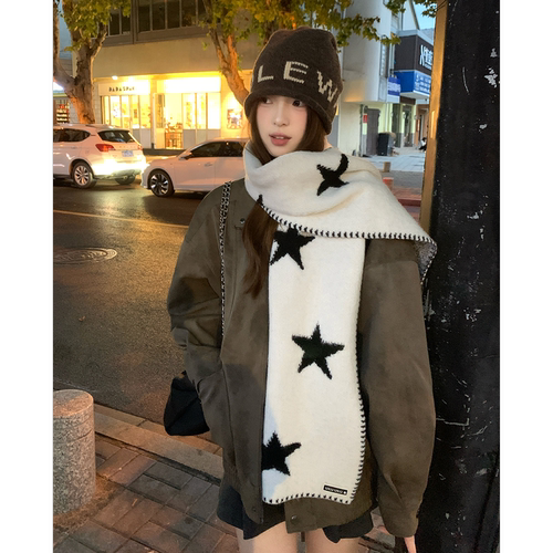 含羊毛韩版撞色星星针织围巾女