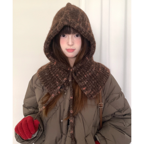 大头围保暖棕色帽子围巾一体女冬