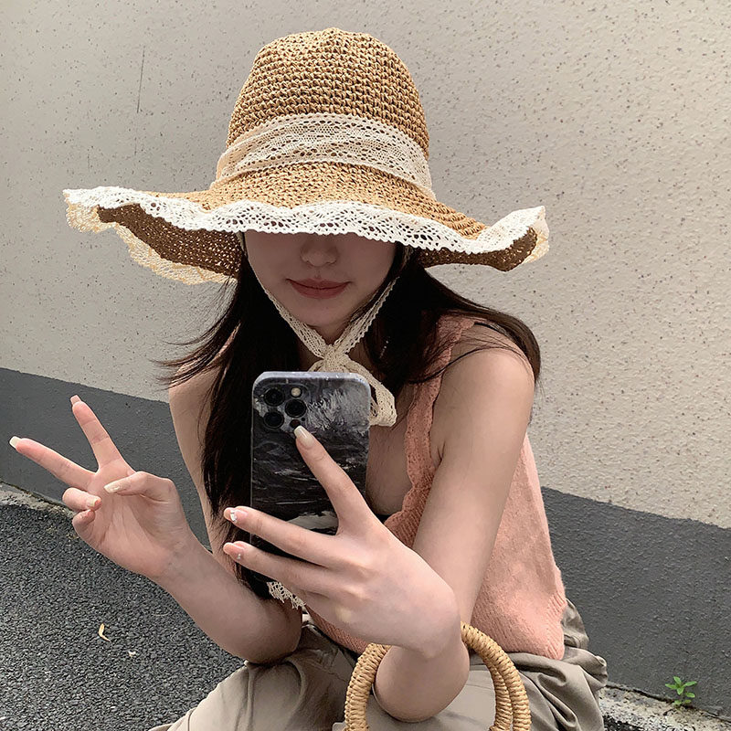 日系甜美小众蕾丝带边女编织草帽原宿风防晒遮阳度假可折叠太阳帽