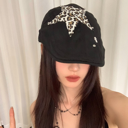 美式辣妹星星豹纹贴布鸭舌帽夏季