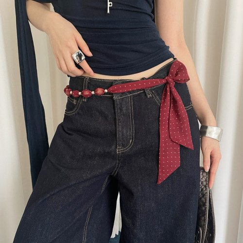 红色波点丝巾腰带女高级感