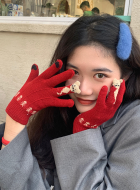 触屏新年红色分指手套女冬天学生可爱韩版加厚毛绒骑行保暖冬季潮