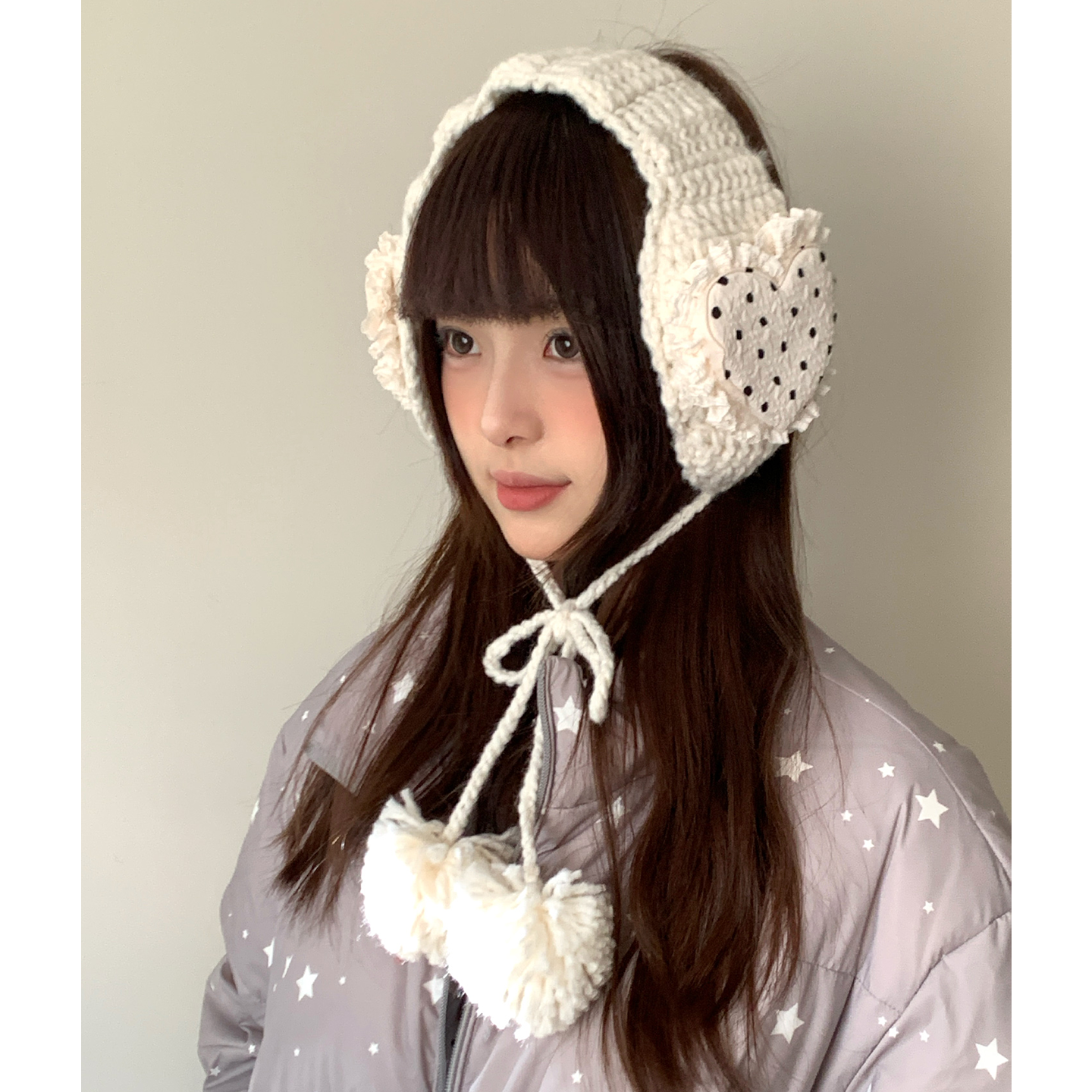 韩系甜美爱心波点加绒耳罩女冬季