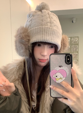 毛绒护耳毛线帽子女款冬季大头围显脸小系带套头帽保暖防寒雷锋帽